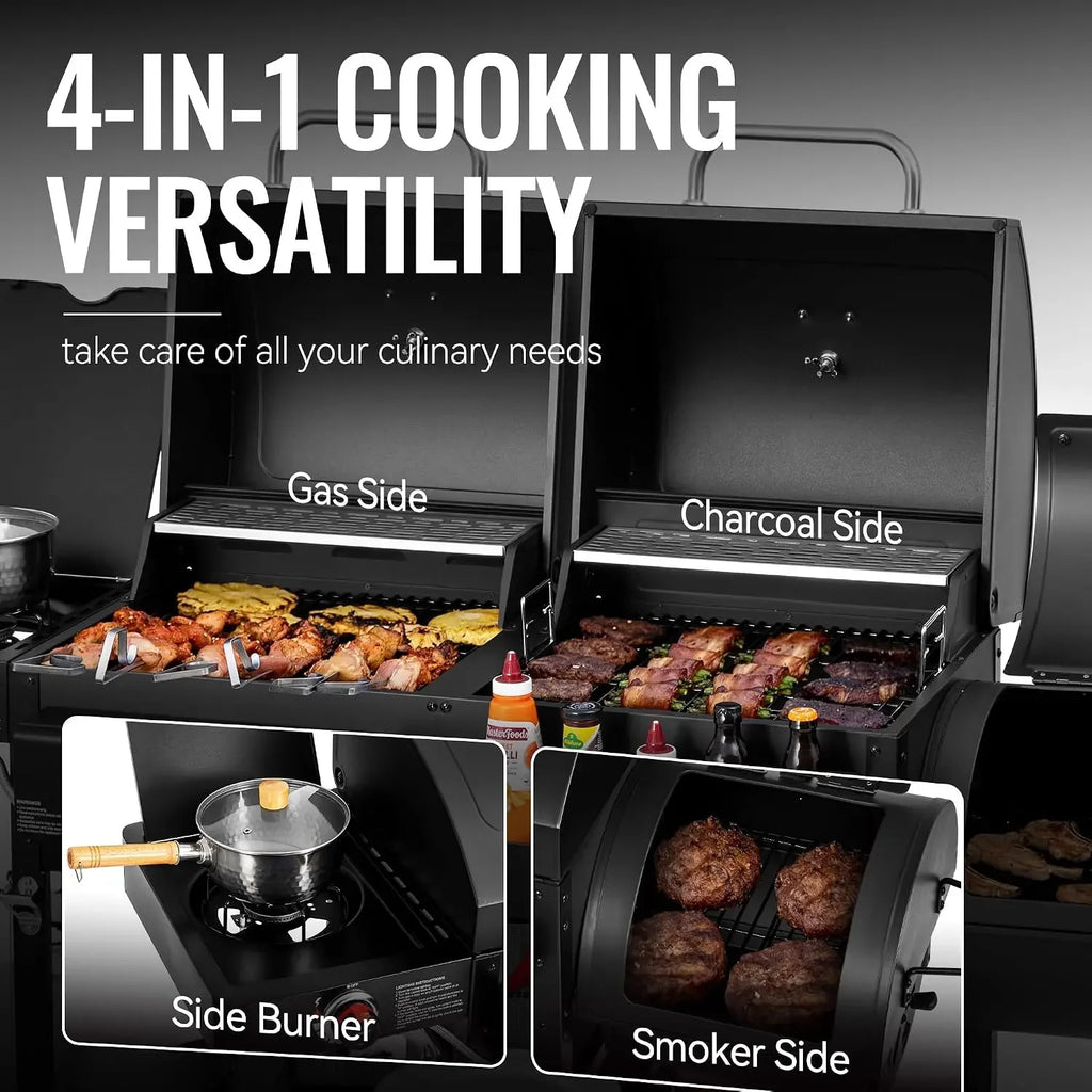 2-Burner Gas & Charcoal Grill Combo with Offset Smoker & Side Burner