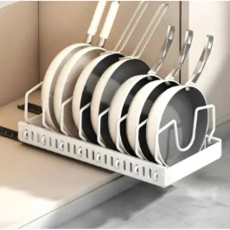 Pull‑Out Pots Pans Organizer Sliding Kitchen Storage Rack for Lids Spices Tableware