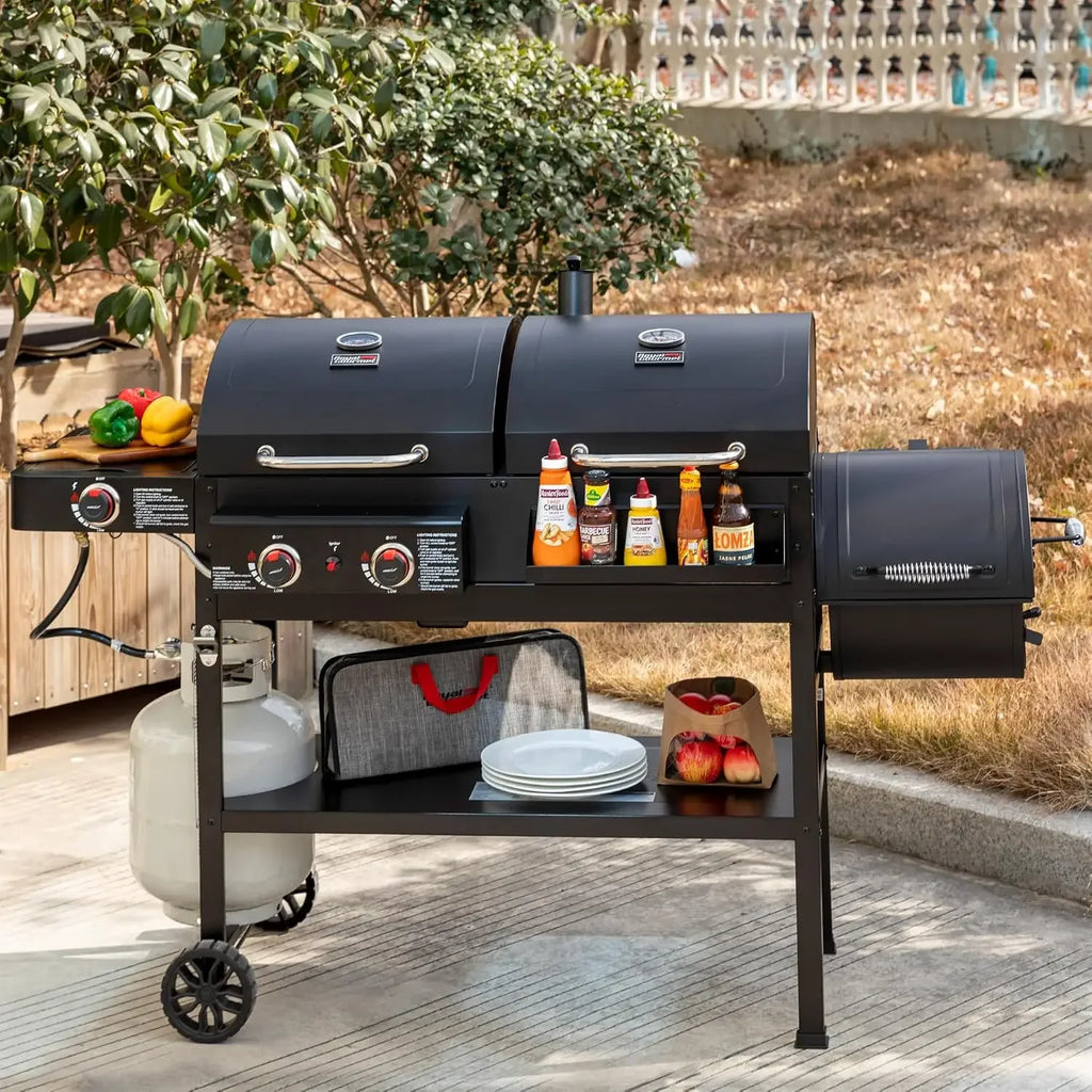 2-Burner Gas & Charcoal Grill Combo with Offset Smoker & Side Burner