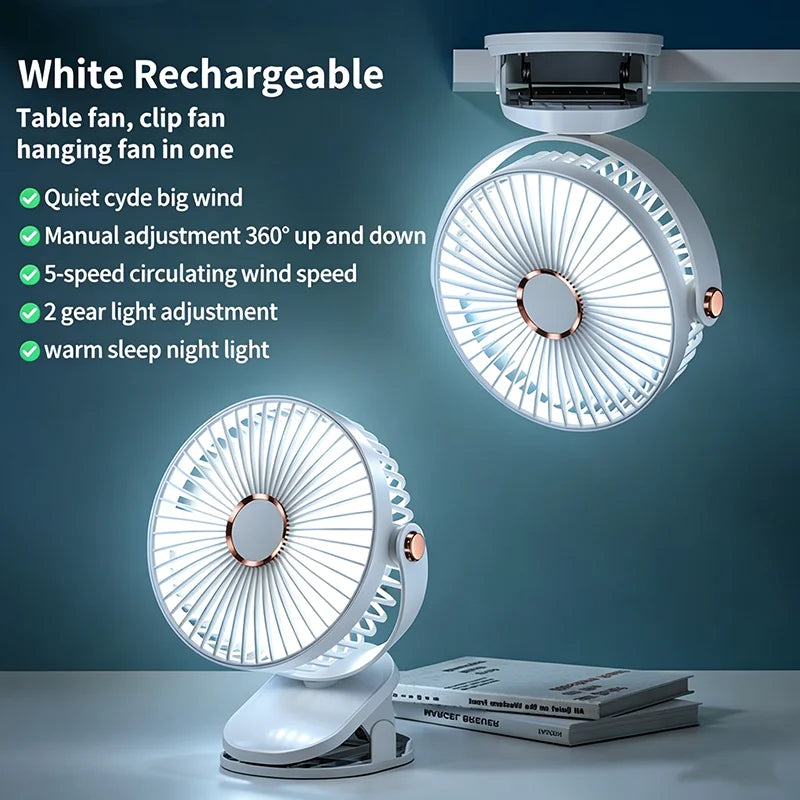New 3 in 1 Portable Mini Clip Fan Rechargeable Air Circulator Wireless Electric Fan With Led Light Clip-on Home Handheld Fan