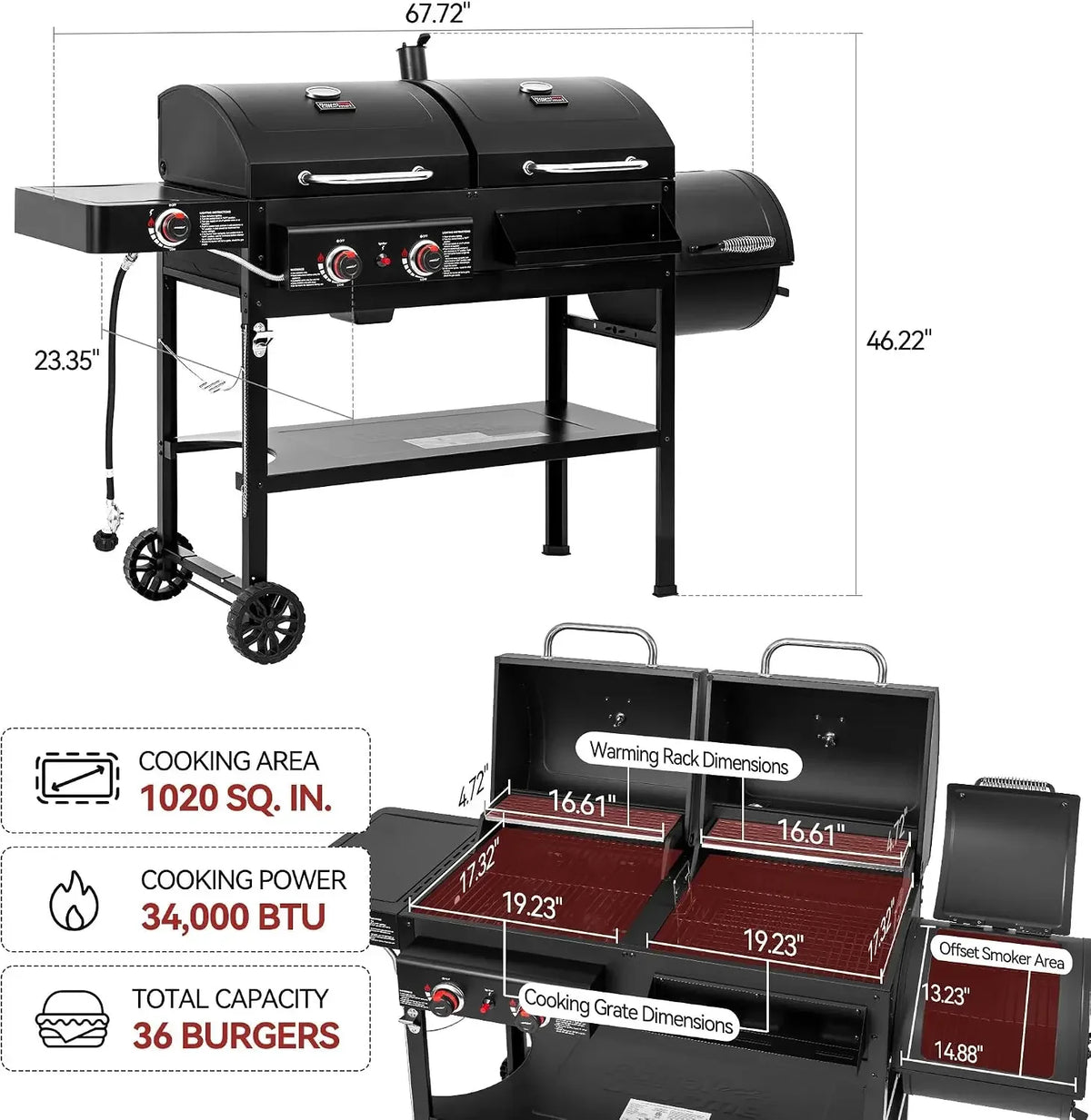 2-Burner Gas & Charcoal Grill Combo with Offset Smoker & Side Burner