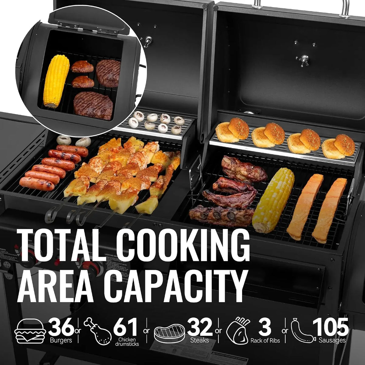 2-Burner Gas & Charcoal Grill Combo with Offset Smoker & Side Burner