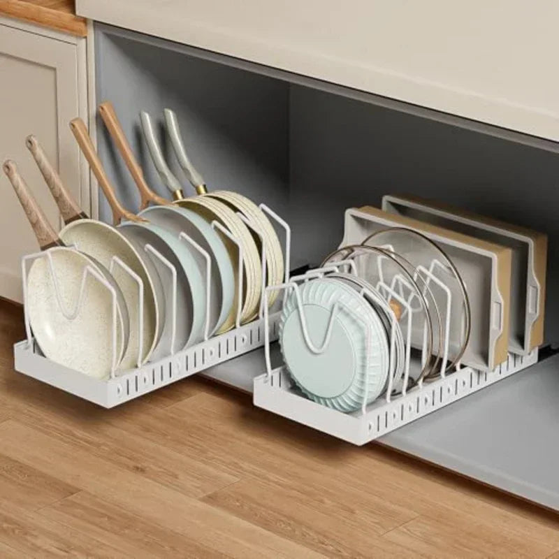 Pull‑Out Pots Pans Organizer Sliding Kitchen Storage Rack for Lids Spices Tableware