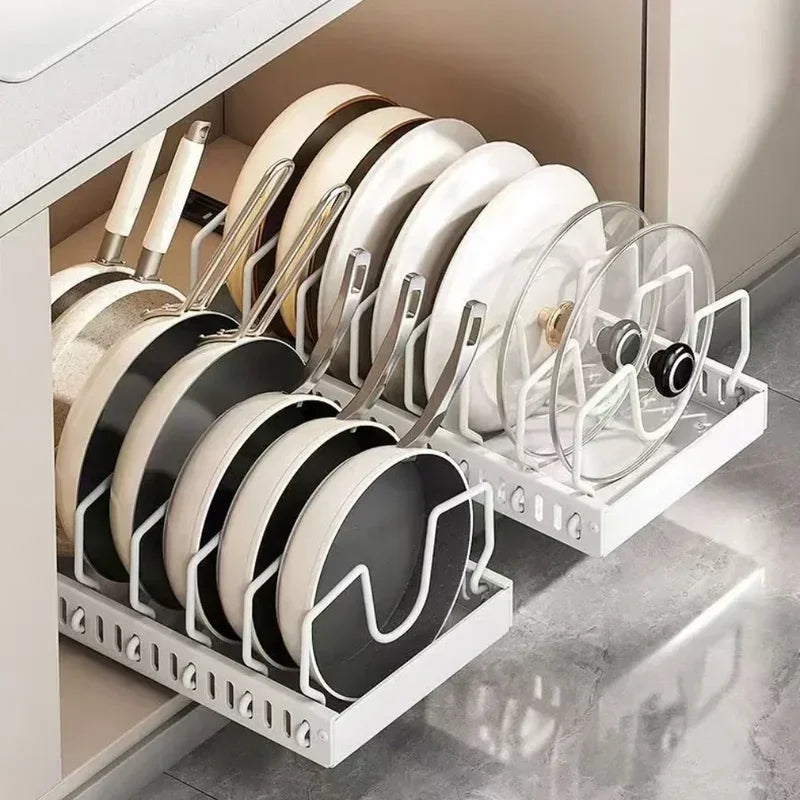 Pull‑Out Pots Pans Organizer Sliding Kitchen Storage Rack for Lids Spices Tableware