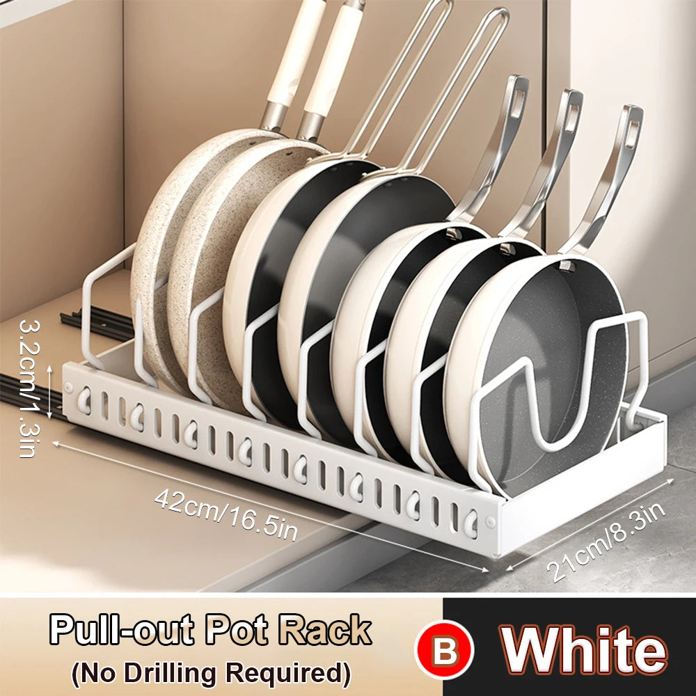Pull‑Out Pots Pans Organizer Sliding Kitchen Storage Rack for Lids Spices Tableware