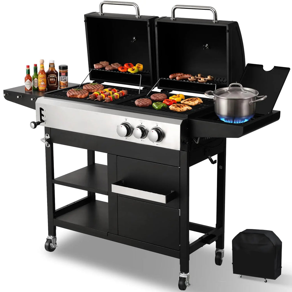 2-Burner Propane Gas & Charcoal Grill Combo with Side Burner