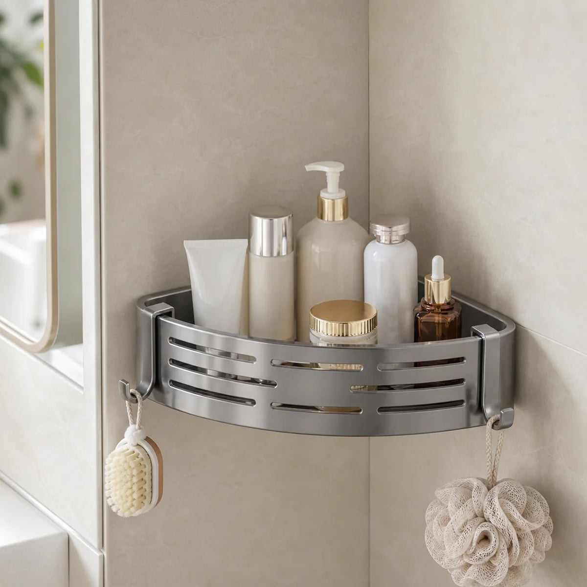 Homefish Wall Mounted Shower Corner Bathroom Shelf with Towel Bar and Hook Shampoo Holder for Bathroom Kitchen Storage Organizer