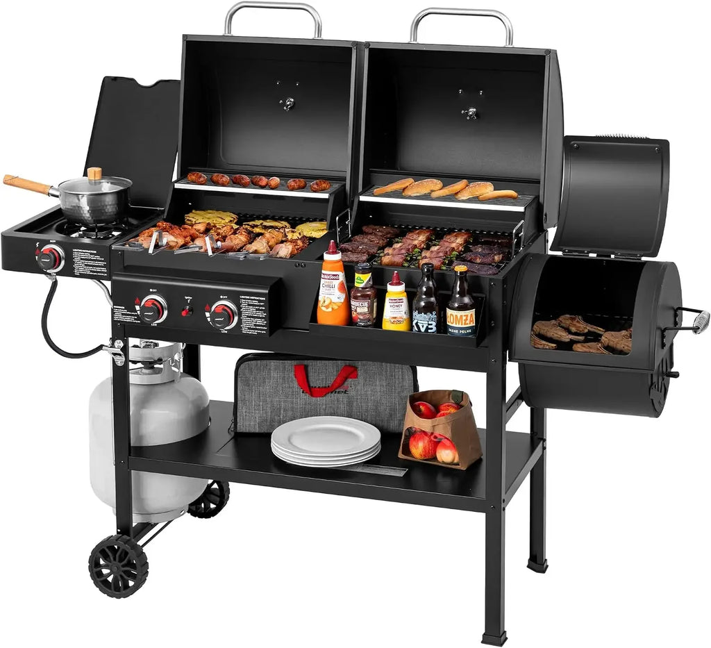 2-Burner Gas & Charcoal Grill Combo with Offset Smoker & Side Burner