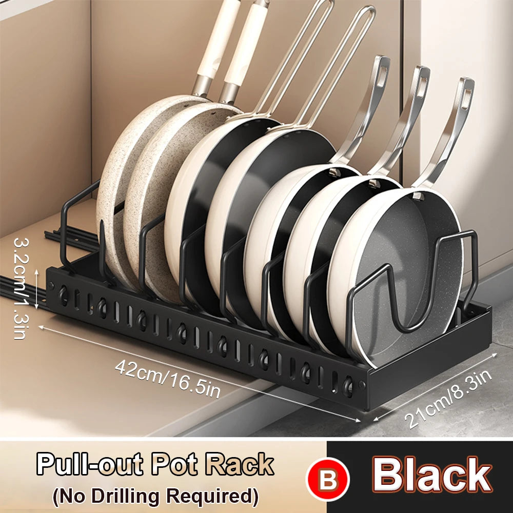 Pull‑Out Pots Pans Organizer Sliding Kitchen Storage Rack for Lids Spices Tableware