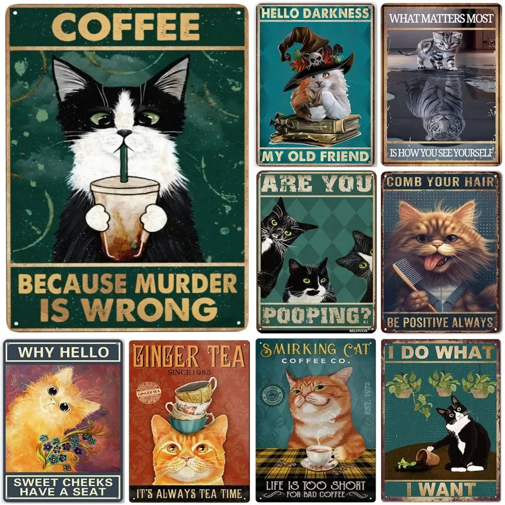 Funny Cat Coffee Metal Wall Sign