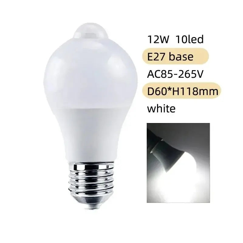 PIR Motion Sensor LED Light Bulb 12W E27 Smart Bulb Motion Activated ON/OFF Home Lights Lamp for Home Stair
