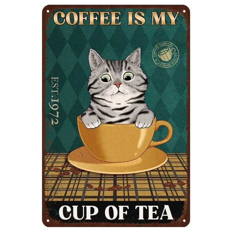 Funny Cat Coffee Metal Wall Sign